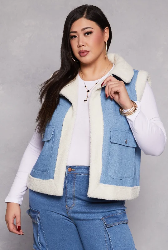 Plus Size Spoon Jeans Sherpa Lined Denim Vest