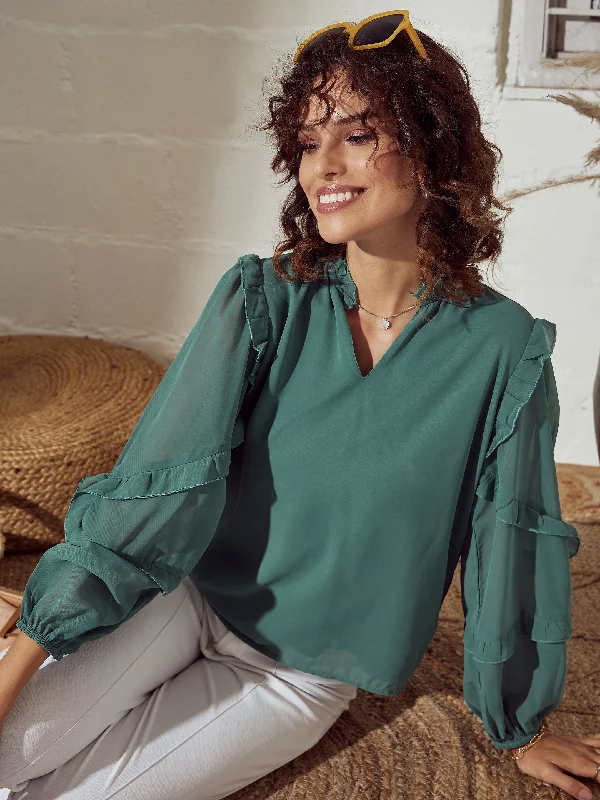 Women Sea Green Ruffle Detail Top