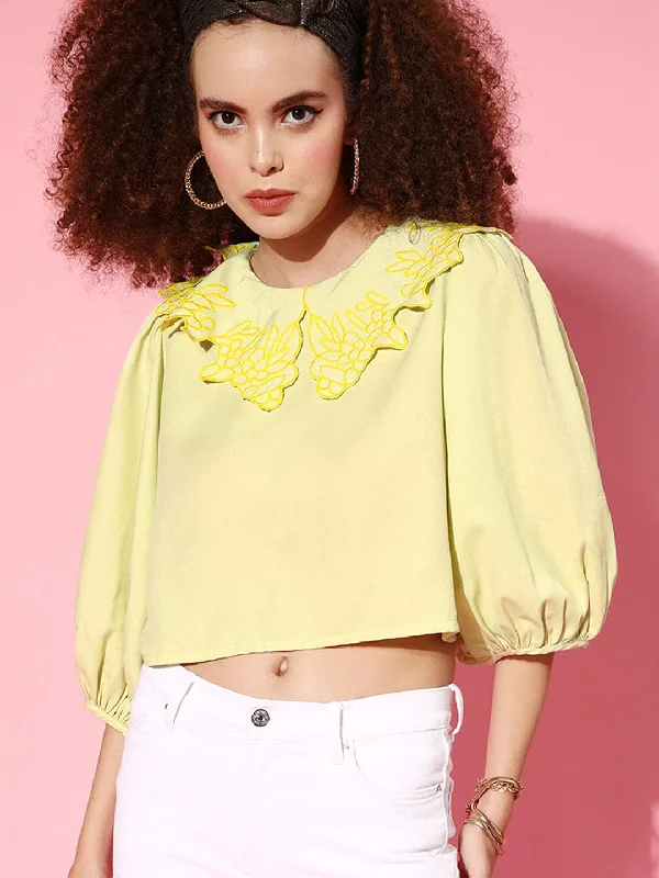 Women Mint Green Scallop Embroidered Broad Collar Crop Top