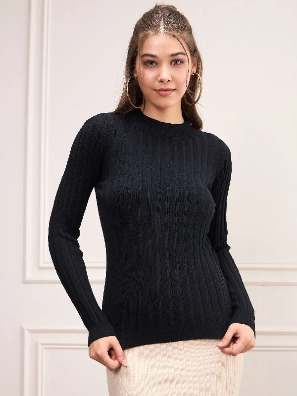 Women Black Rib Full Sleeves High Neck Sweater