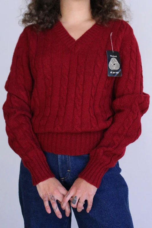 1990s Maroon Wool Deadstock Cable Knit V-neck Sweater