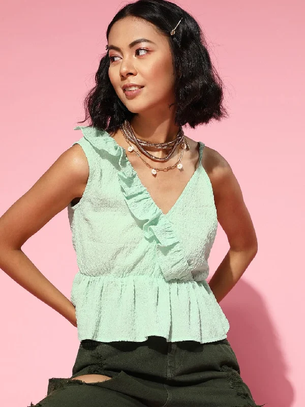 Women Mint Green One Side Frill Strappy Top