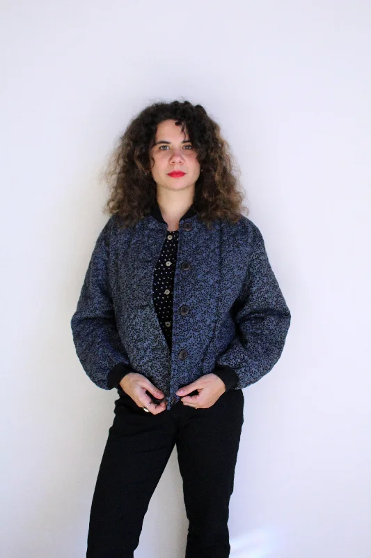 1990s Blue & Black Quilted Abstract Print Bomber Jacket