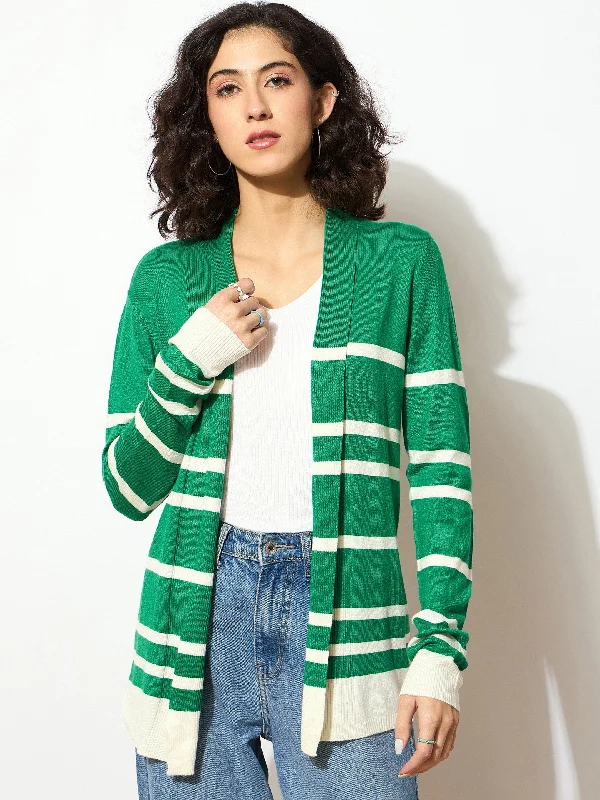 Women Green & White Striped Rib Front Open Shrug