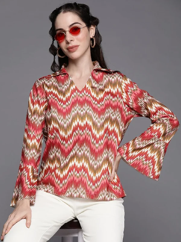 Women Rust Chevron Bell Sleeves Collar Top