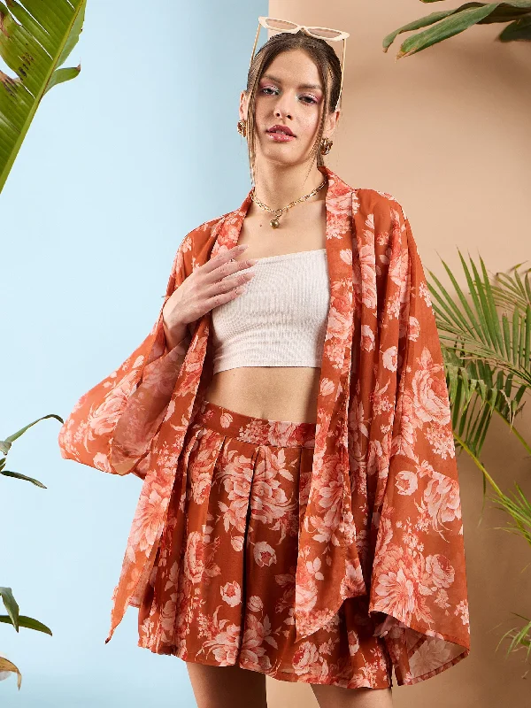 Women Rust Floral Front Open Kimono Shrug