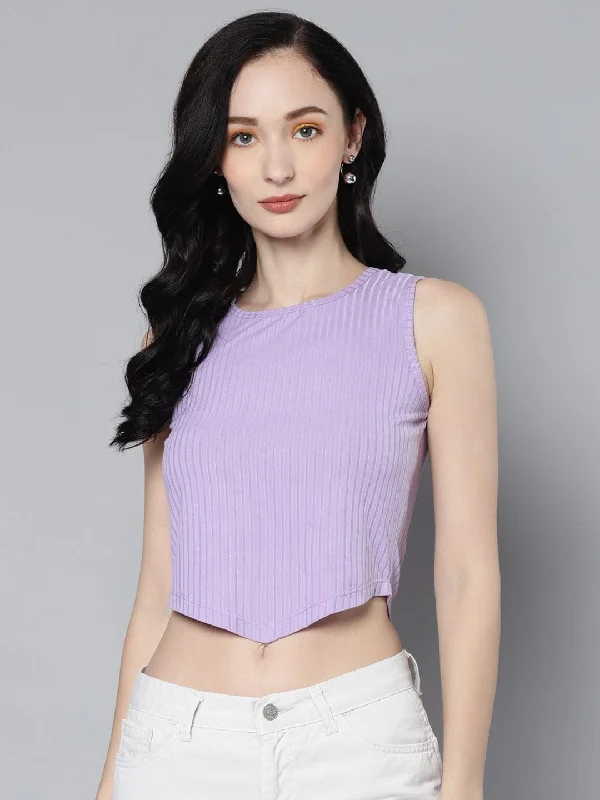 Women Lavender Rib V-Hem Crop Top