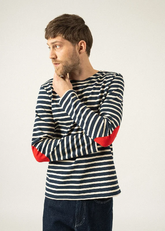 Méridien iconic sailor striped shirt with plain elbow patches - in thick cotton jersey (MARINE/ECRU/TULIPE)