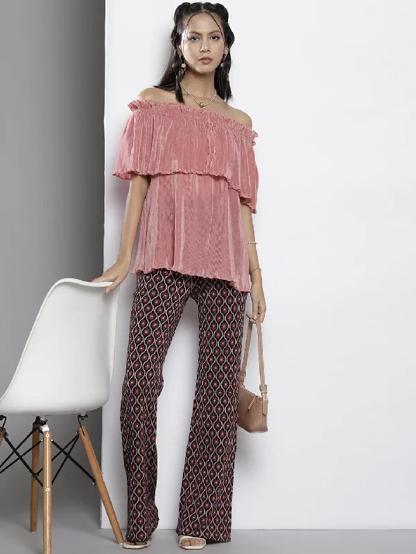 Women Pink Pleated Chinon Frill Bardot Top