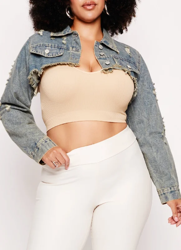 Plus Size Distressed Bolero Jean Jacket