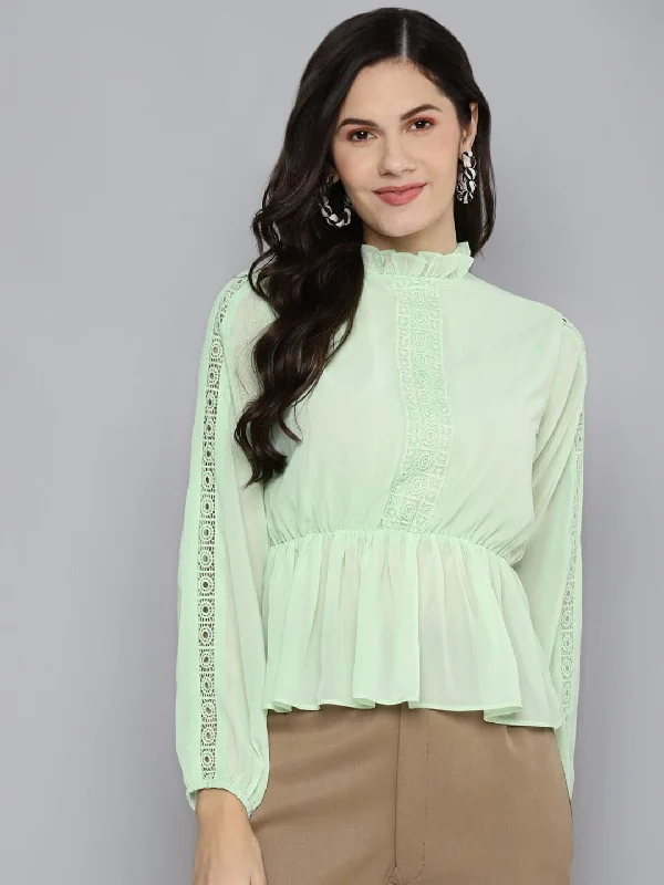 Women Sea Green Balloon Sleeve Peplum Top