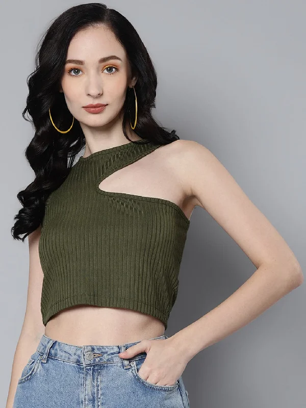 Women Olive Rib Asymmetric Armhole Crop Top