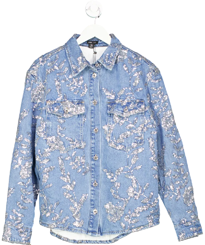 Karen Millen Blue Denim All Over Floral Sequin Jacket UK 10