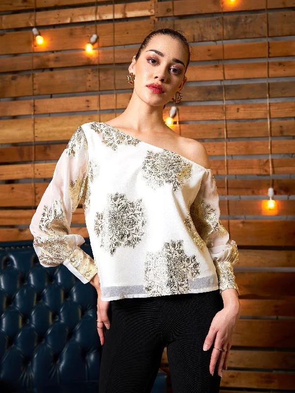 Women White Jacquard One Shoulder Top