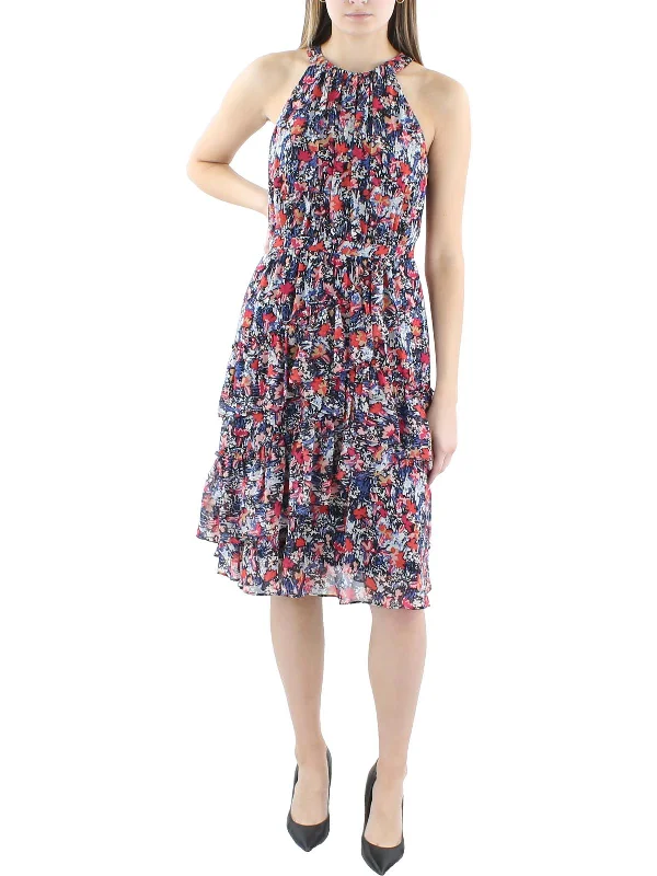 Womens Floral Ruffle Cocktail And Party Dress