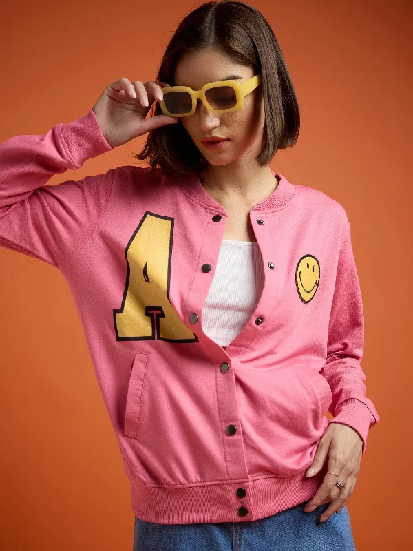 Women Pink Terry Smiley Patch Printed Varsity Jacket