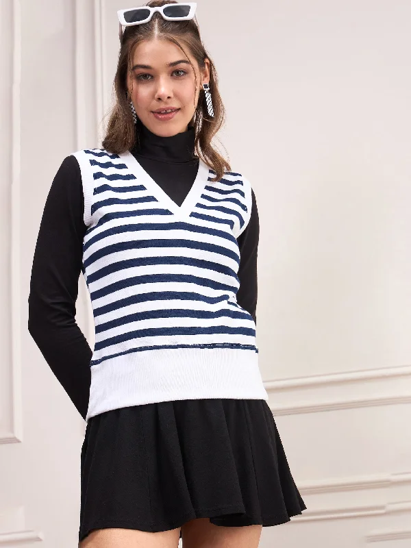 Women Navy & White Striped V-Neck Sleeveless Sweater