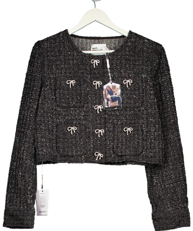 Self-Portrait Black Tweed Embellished Bow Button Jacket UK 16