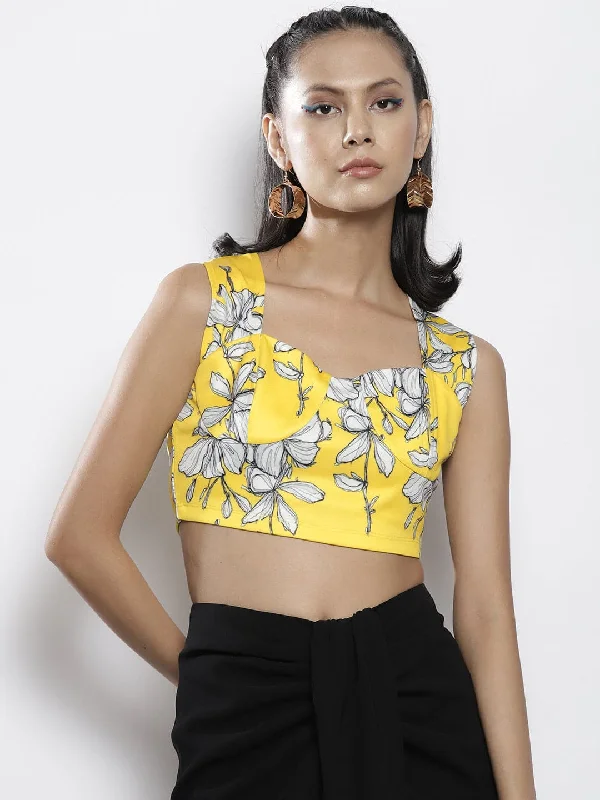 Women Yellow Floral Scuba Sweetheart Neck Crop Top