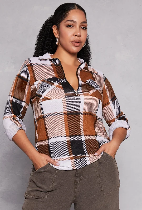 Plus Size Plaid Half Zip Shirt