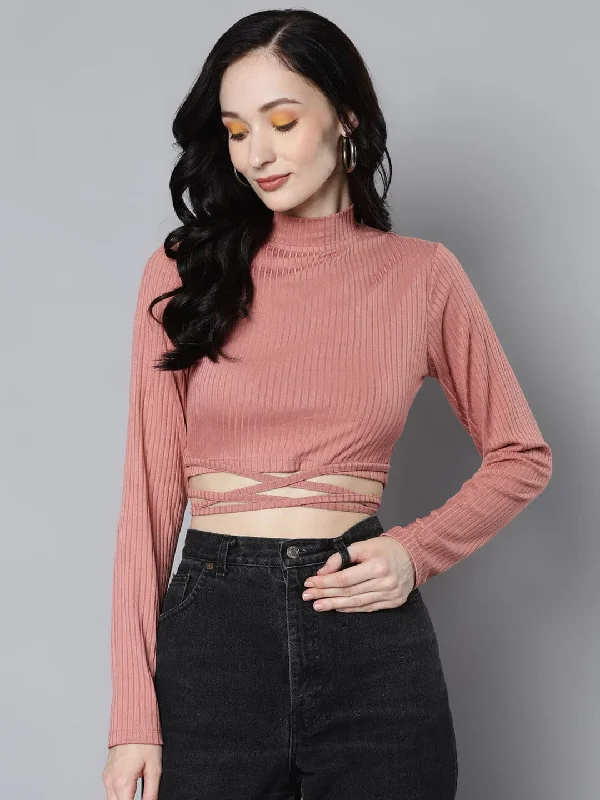 Women Baked Pink Rib Waist Tie Crop Top