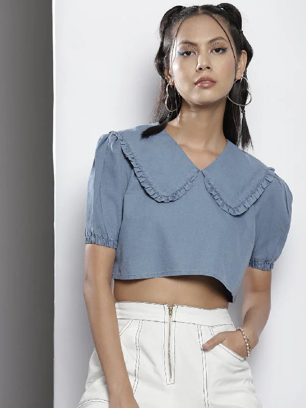 Women Blue Frill Detail Broad Collar Crop Tencel Top