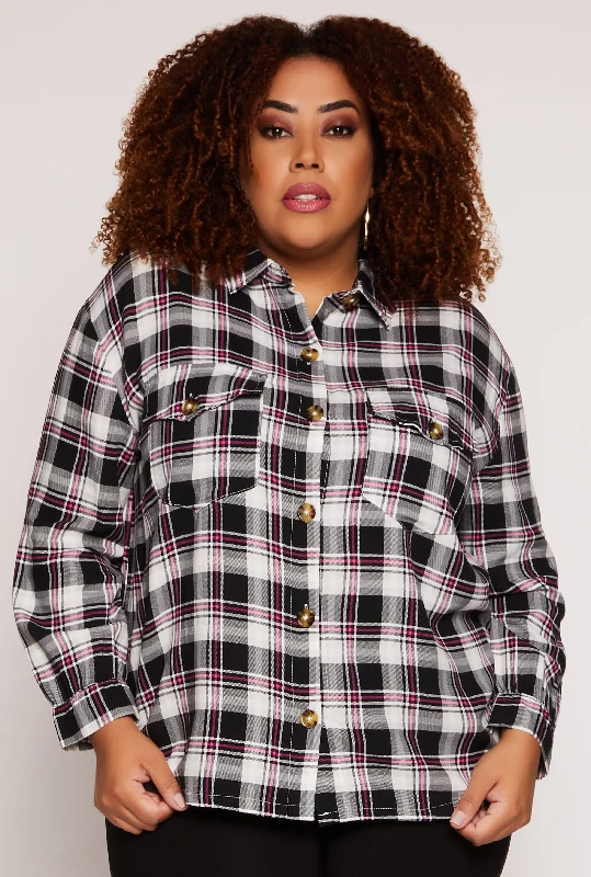 Plus Size Plaid Button Front Long Sleeve Shirt