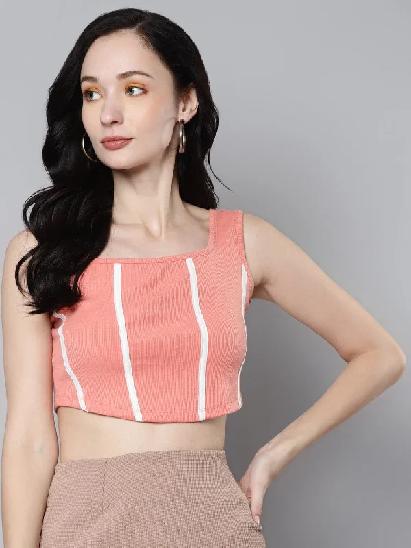 Women Peach Rib Contrast Binding Bustier Top