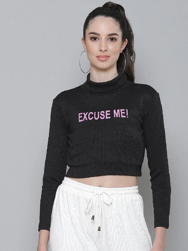 Black Rib EXCUSE ME Turtle Neck Crop Top