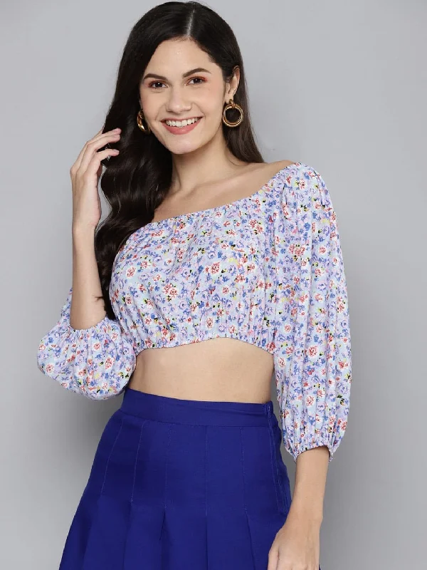 Women Blue Ditsy Floral Off Shoulder Crop Top