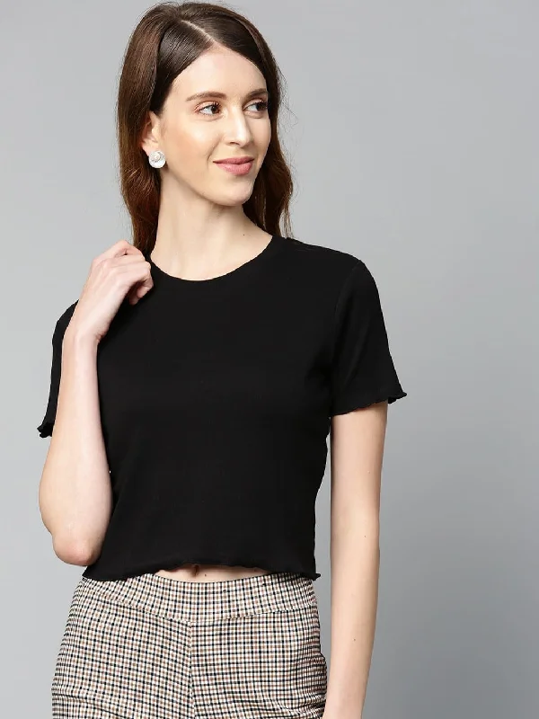 Black Rib Round Neck Crop Top