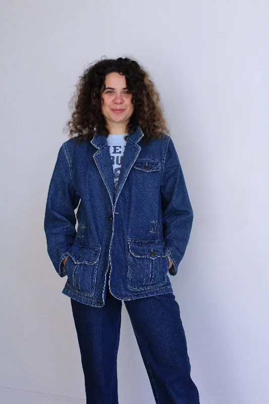 1990s Dark Wash Denim Double-Breasted Blazer by Liz Wear