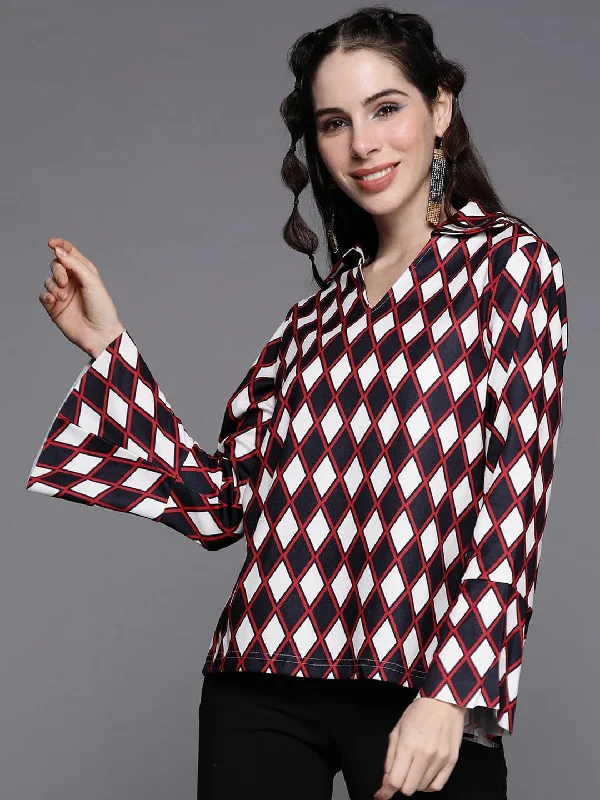 Women Navy Geometric Print Bell Sleeves Collar Top