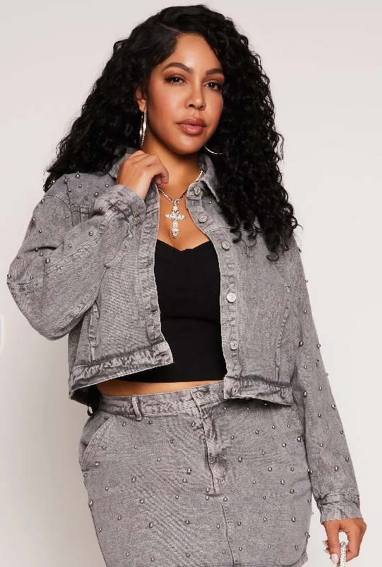 Plus Size Beaded Acid Wash Denim Jacket