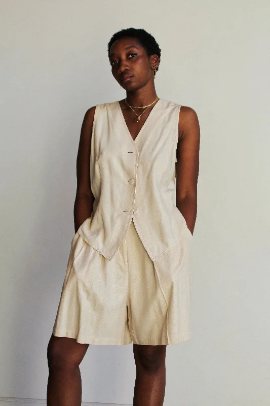 90s Silk Linen Nude Hued 2-Piece Vest + Shorts