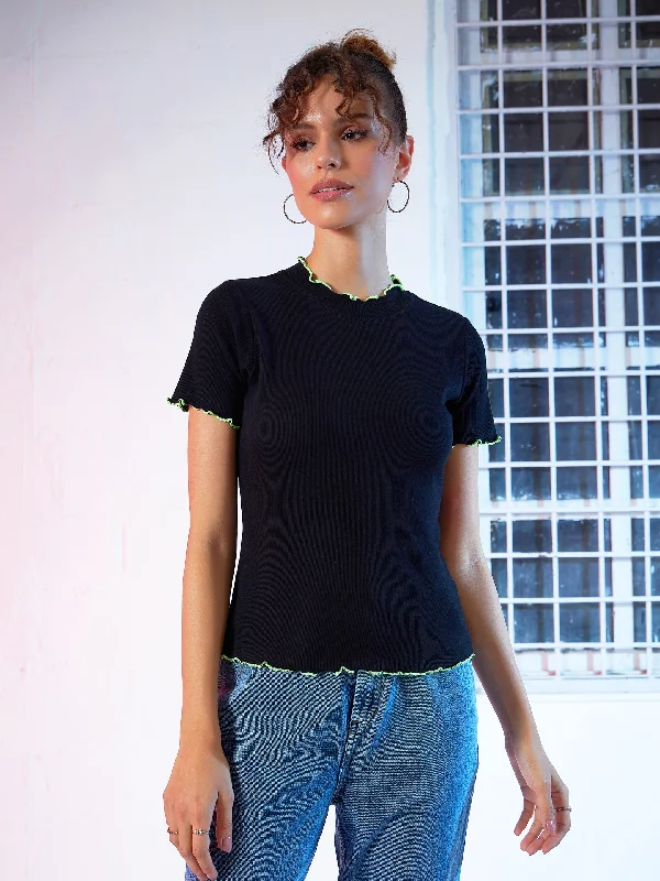 Black Rib Contrast Stitch High Neck Top