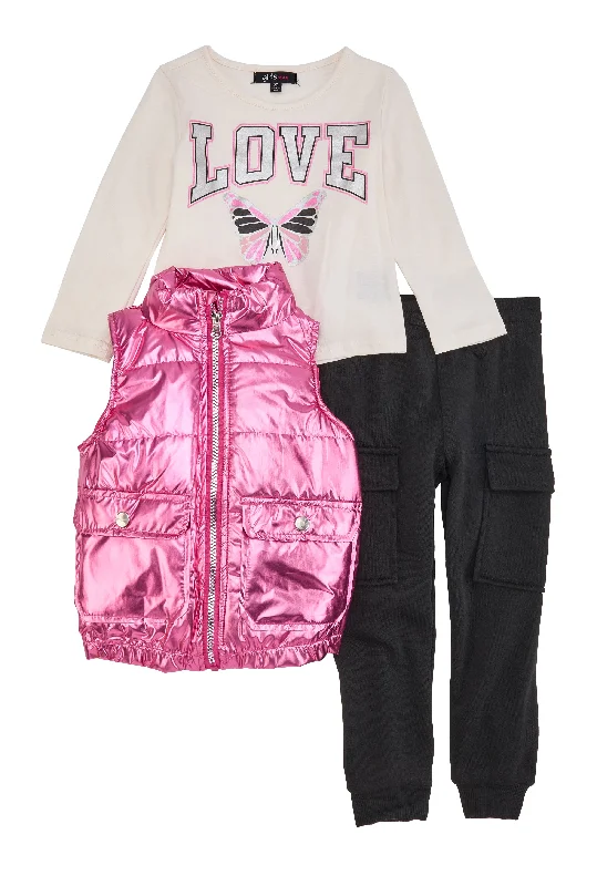 Toddler Girls Metallic Puffer Vest with Love Graphic Top and Joggers